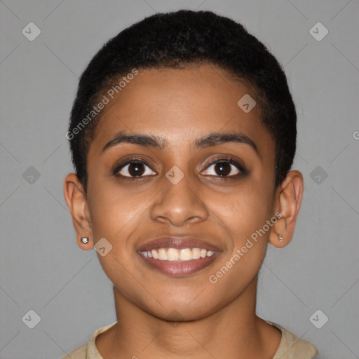 Joyful black young-adult female with short  brown hair and brown eyes