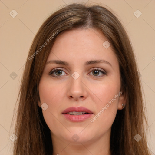 Joyful white young-adult female with long  brown hair and green eyes