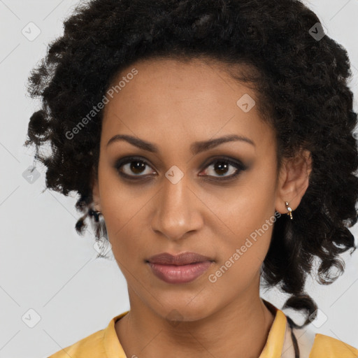 Joyful black young-adult female with medium  brown hair and brown eyes