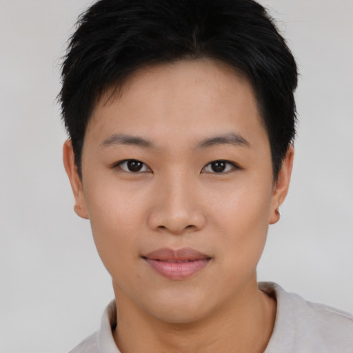 Neutral asian young-adult female with short  black hair and brown eyes