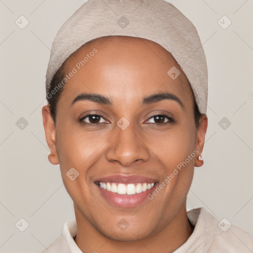 Joyful white young-adult female with short  black hair and brown eyes