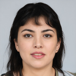 Neutral asian young-adult female with medium  brown hair and brown eyes