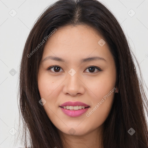 Joyful asian young-adult female with long  brown hair and brown eyes