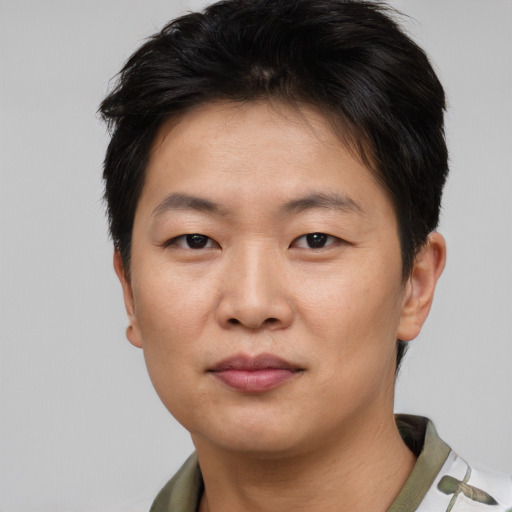 Neutral asian young-adult male with short  black hair and brown eyes