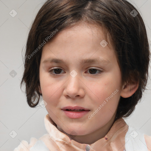 Joyful white child female with medium  brown hair and brown eyes