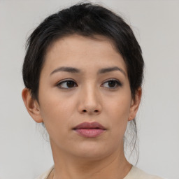 Neutral asian young-adult female with short  brown hair and brown eyes