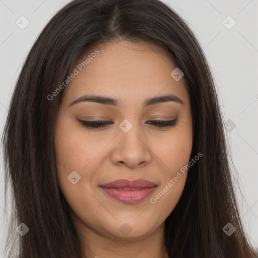 Joyful asian young-adult female with long  brown hair and brown eyes