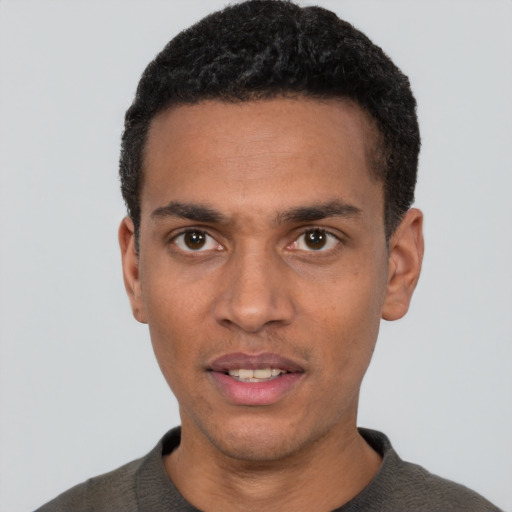 Neutral white young-adult male with short  black hair and brown eyes