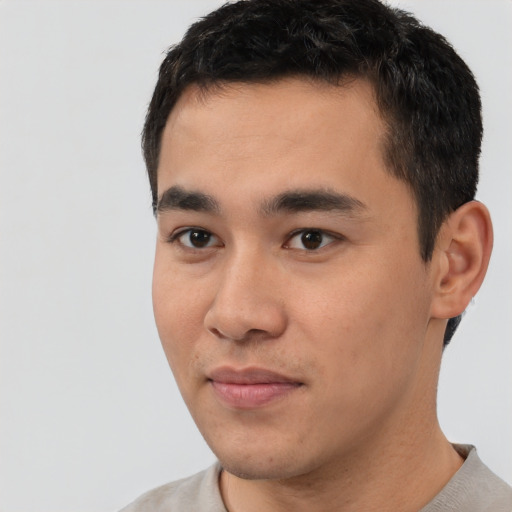 Neutral white young-adult male with short  black hair and brown eyes