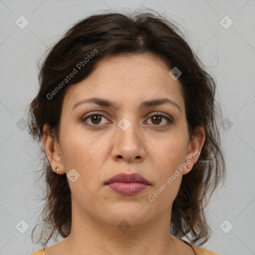 Neutral white young-adult female with medium  brown hair and brown eyes