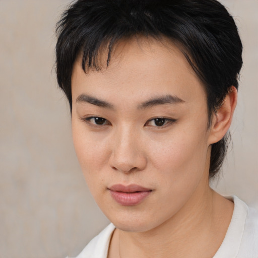 Neutral asian young-adult female with medium  brown hair and brown eyes