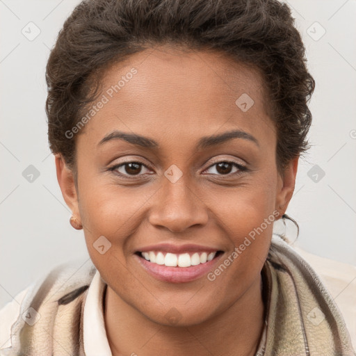 Joyful white young-adult female with short  brown hair and brown eyes