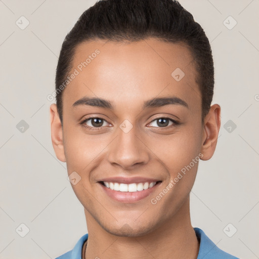 Joyful white young-adult female with short  brown hair and brown eyes