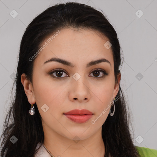 Neutral white young-adult female with long  brown hair and brown eyes