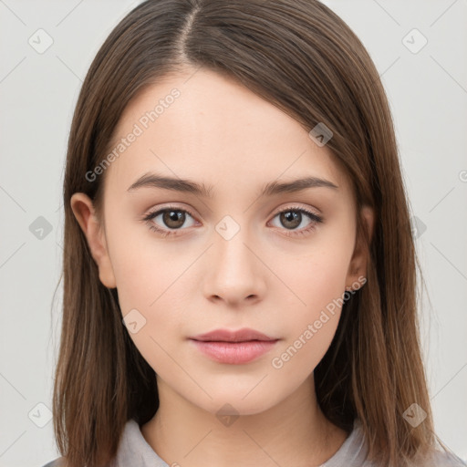 Neutral white young-adult female with long  brown hair and brown eyes