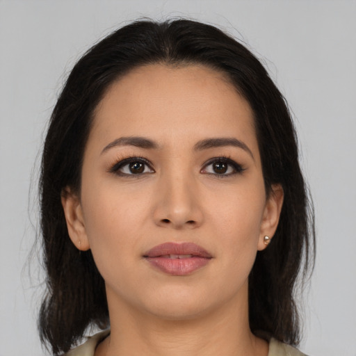 Neutral asian young-adult female with medium  brown hair and brown eyes