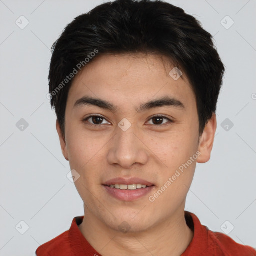 Joyful asian young-adult male with short  brown hair and brown eyes