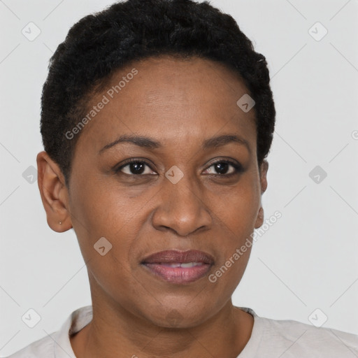 Joyful black adult female with short  brown hair and brown eyes