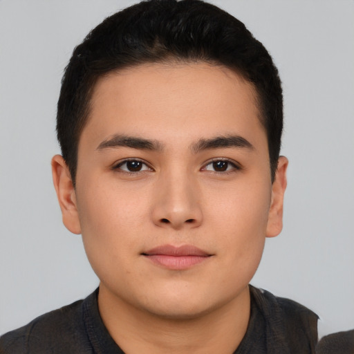 Neutral asian young-adult male with short  brown hair and brown eyes