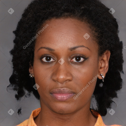 Neutral black young-adult female with medium  brown hair and brown eyes