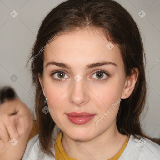 Neutral white young-adult female with medium  brown hair and brown eyes