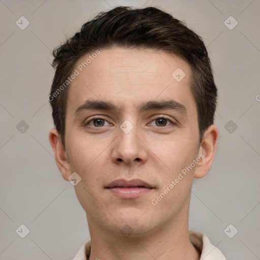 Neutral white young-adult male with short  brown hair and brown eyes