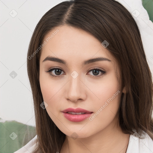 Neutral white young-adult female with long  brown hair and brown eyes