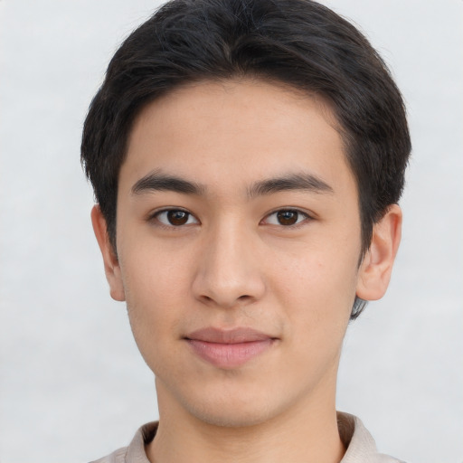 Neutral asian young-adult male with short  brown hair and brown eyes