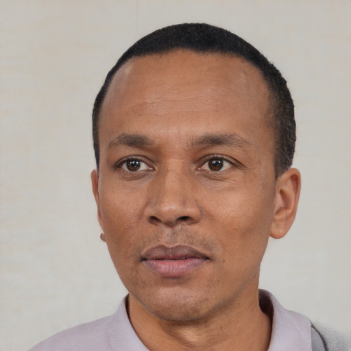 Neutral black adult male with short  black hair and brown eyes
