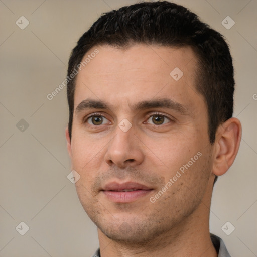 Joyful white young-adult male with short  brown hair and brown eyes