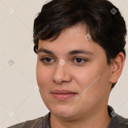 Joyful white young-adult female with medium  brown hair and brown eyes