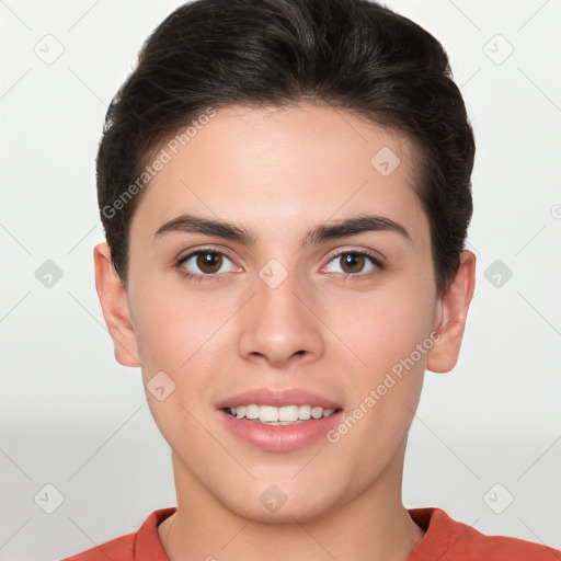 Joyful white young-adult female with short  brown hair and brown eyes