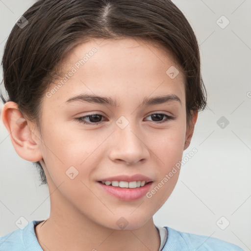 Joyful white child female with short  brown hair and brown eyes