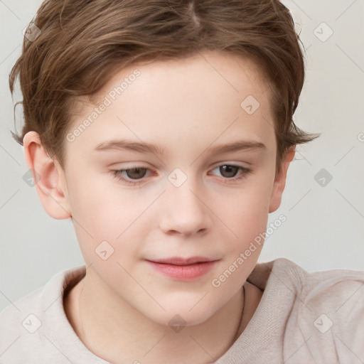 Joyful white child female with short  brown hair and grey eyes