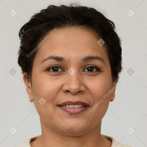 Joyful white adult female with short  brown hair and brown eyes