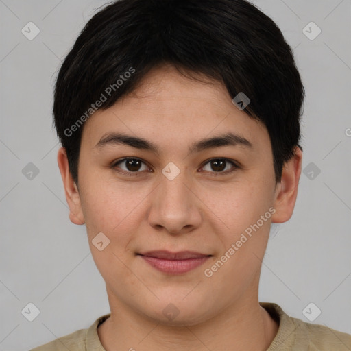 Joyful white young-adult female with short  brown hair and brown eyes