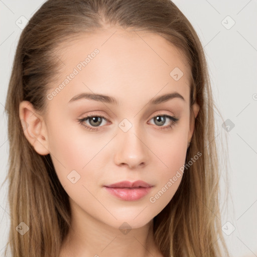 Neutral white young-adult female with long  brown hair and brown eyes