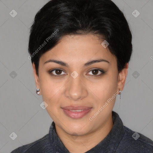 Joyful latino young-adult female with short  brown hair and brown eyes