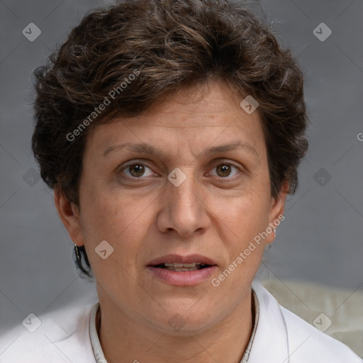 Joyful white adult female with short  brown hair and brown eyes