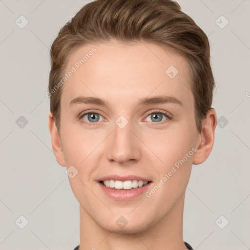 Joyful white young-adult female with short  brown hair and grey eyes