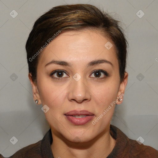 Joyful white young-adult female with medium  brown hair and brown eyes