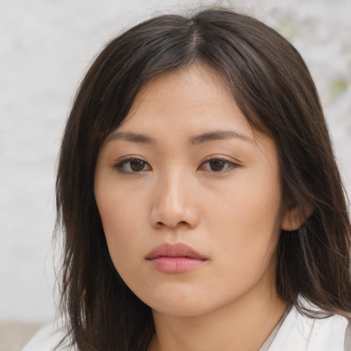 Neutral asian young-adult female with medium  brown hair and brown eyes
