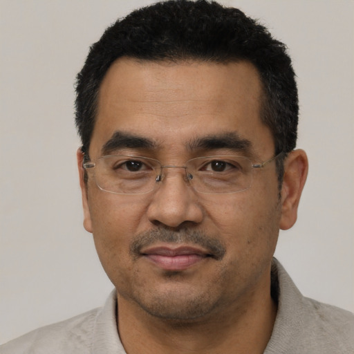Joyful asian adult male with short  black hair and brown eyes