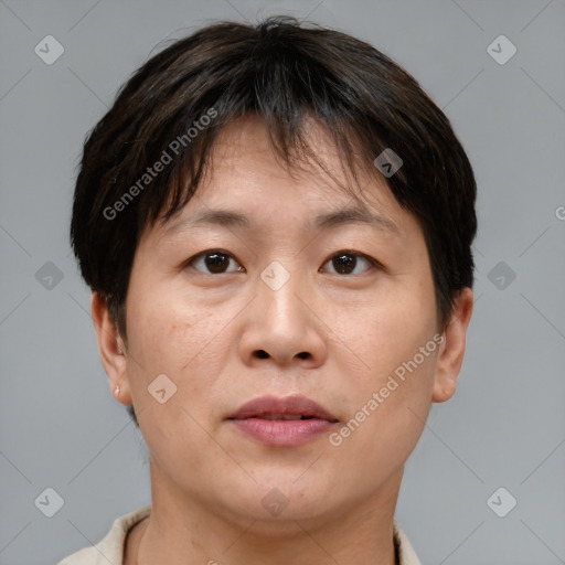 Joyful asian adult female with short  brown hair and brown eyes