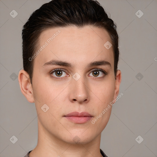 Neutral white young-adult male with short  brown hair and brown eyes