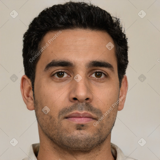 Neutral latino young-adult male with short  black hair and brown eyes