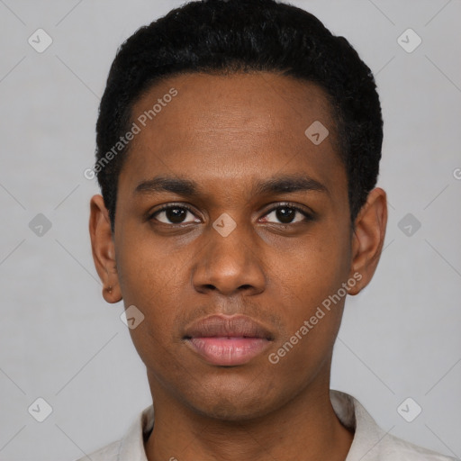 Neutral black young-adult male with short  black hair and brown eyes