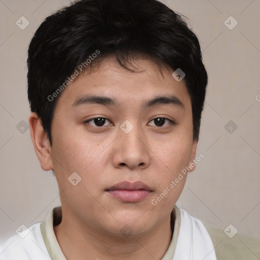 Neutral asian young-adult male with short  brown hair and brown eyes
