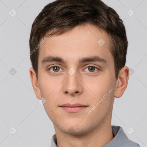 Neutral white young-adult male with short  brown hair and brown eyes