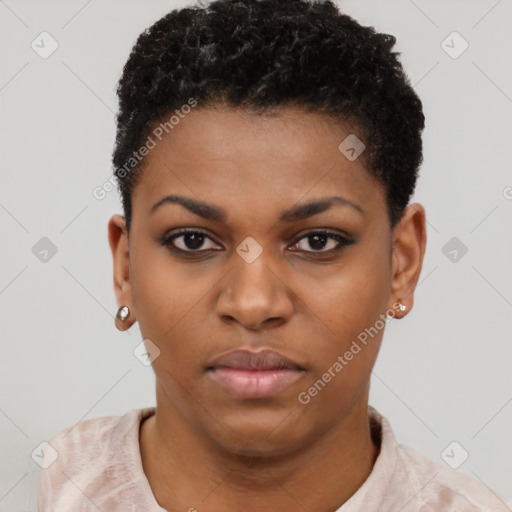 Neutral black young-adult female with short  black hair and brown eyes